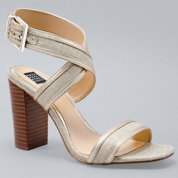 White House Black Market Shoes - White House Black Market Parker Heels Linen Stacked Metallic Shoes Gold Size 10